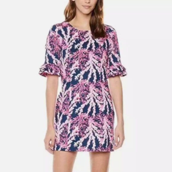 Lilly Pulitzer Fiesta Stretch Dress in Nauti Navy‎ Beyond The Sea Coral sz 4 - Picture 1 of 6